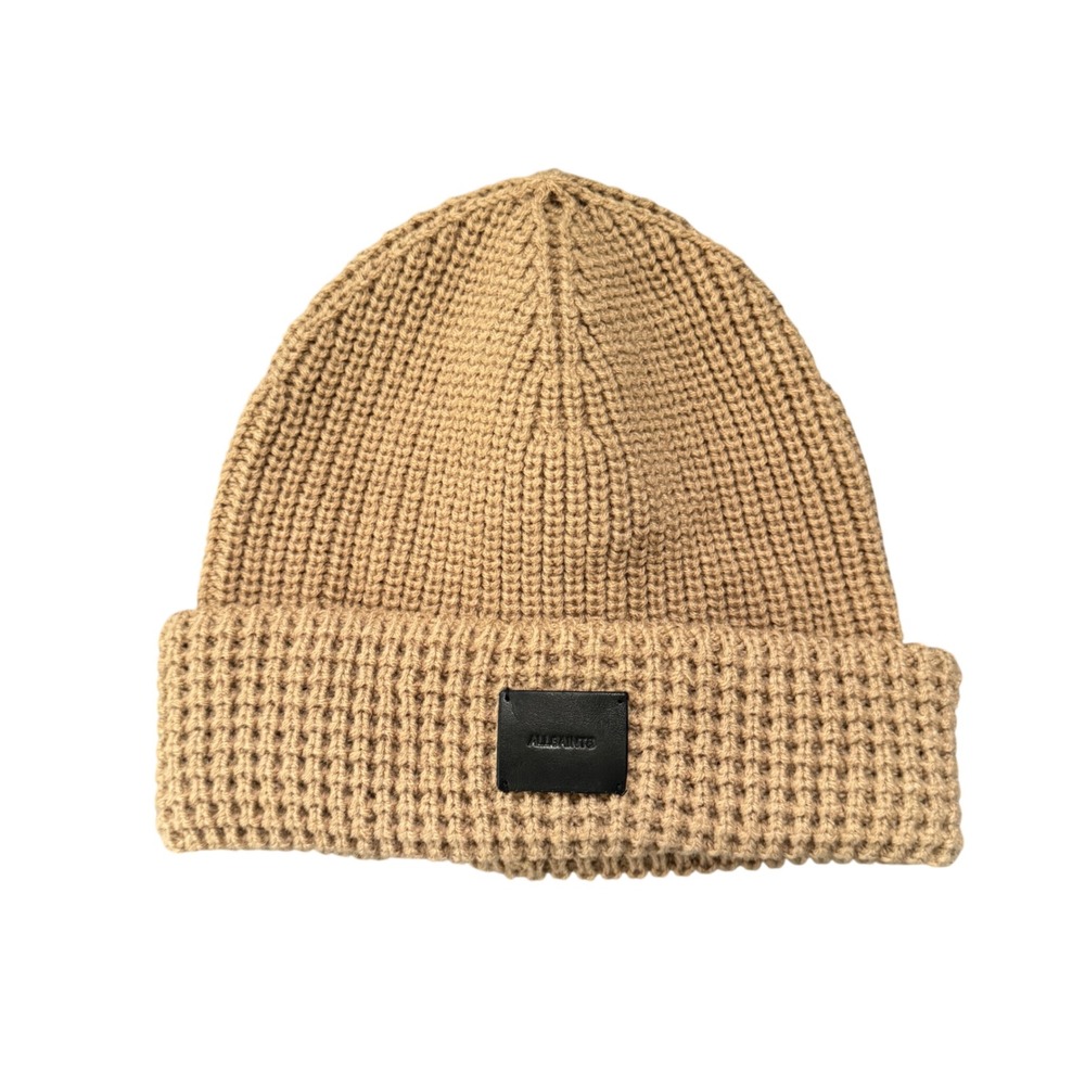 AllSaints Angled Stitch Beanie Tannin Brown Wool Blend ASWC536396C NWT